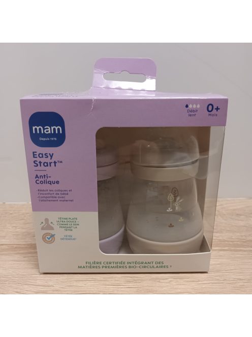 MAM Easy Start kólika elleni cumisüveg, 0+ hónap, Slow Flow (2 x 160 ml), Lila + Homok - Palack a kólika és a baba kellemetlen érzésének csökkentésére