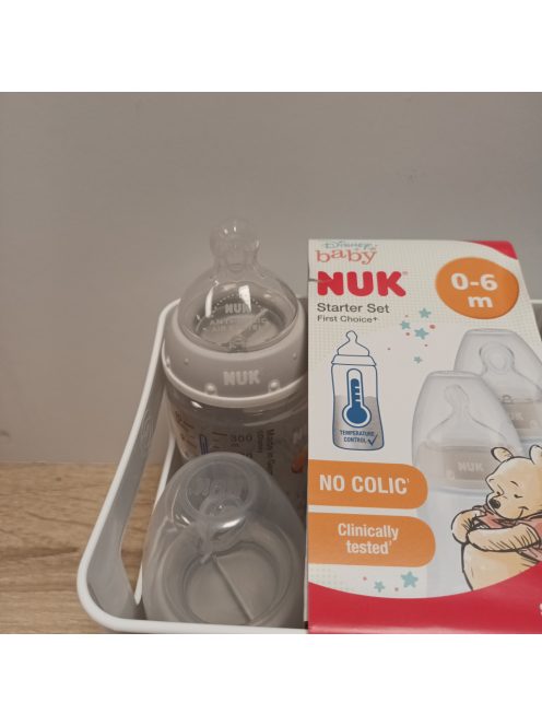 NUK Disney Micimackó First Choice+ kezdőkészlet hőmérséklet-szabályozással, cumisüveg doboz 4 cumisüveggel, 0-6 hónapos