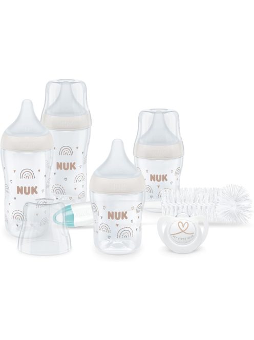 NUK Perfect Match Perfect Start palackkészlet | 0-6+ hónap | Alkalmazkodik a baba szájpadlásához | 4 kólika elleni palack, cumi, palackkefe és még sok más | BPA mentes | 7 darab