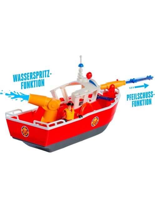 Simba 109252580 Fireman Sam Fire Boat Titanium, 32 cm, úszó játékhajó, 3 éves kortól, játszható szárazföldön és vízben, fürdőjáték vízágyúkkal és figurával