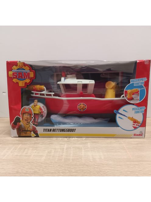 Simba 109252580 Fireman Sam Fire Boat Titanium, 32 cm, úszó játékhajó, 3 éves kortól, játszható szárazföldön és vízben, fürdőjáték vízágyúkkal és figurával