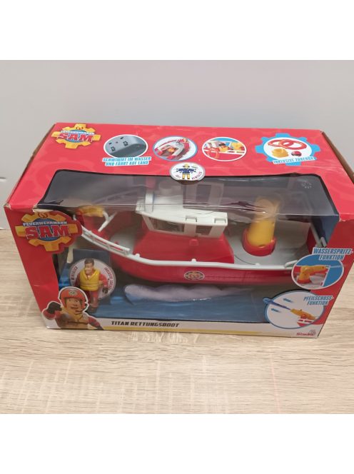 Simba 109252580 Fireman Sam Fire Boat Titanium, 32 cm, úszó játékhajó, 3 éves kortól, játszható szárazföldön és vízben, fürdőjáték vízágyúkkal és figurával