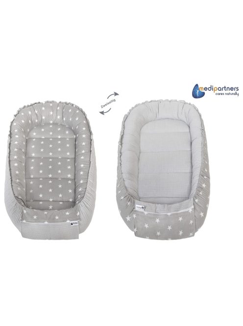 Baba fészek 100% pamut-szürke csillagos-gofri. OUTLET termék