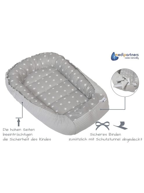 Baba fészek 100% pamut-szürke csillagos-gofri. OUTLET termék