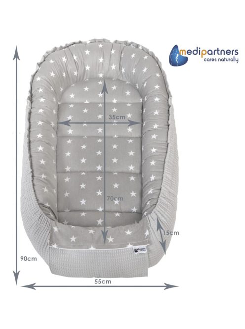 Baba fészek 100% pamut-szürke csillagos-gofri. OUTLET termék