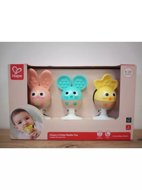 Hape 3db-os csörgő-rágóka szett tapadókoronggal, OUTLET termék