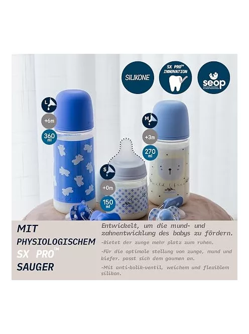 Suavinex 270 ml-es cumisüveg SX Pro fiziológiás szilikon cumival, közepes átfolyású antikolikás cumisüveg - OUTLET termék