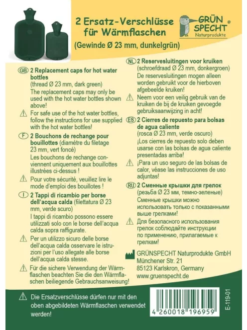 GRÜNSPECHT tartalék melegvizes palackkupak, csak sötétzöld melegvizes palackokhoz, 23 mm átmérő, OUTLET termék