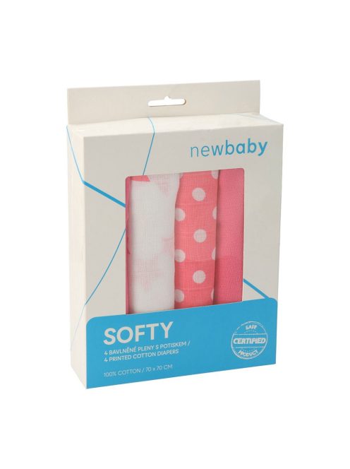 Pamut tetra pelenka New Baby Softy nyomtatott mintával  70 x 70 cm 4 db fehér-rózsaszín