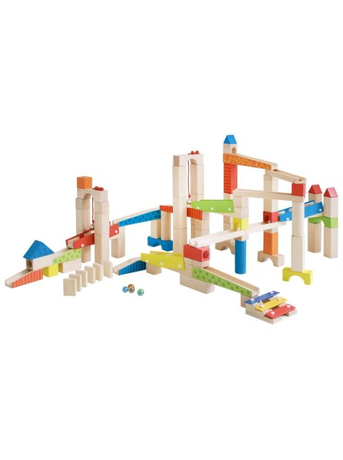 roba fa golyós pálya üveggolyókkal, Wooden Marble Run, Nagy 100 darabos fa kocka készlet