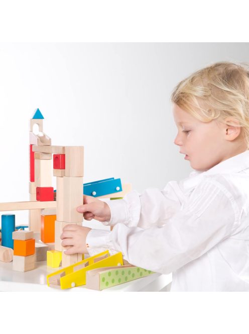 roba fa golyós pálya üveggolyókkal, Wooden Marble Run, Nagy 100 darabos fa kocka készlet