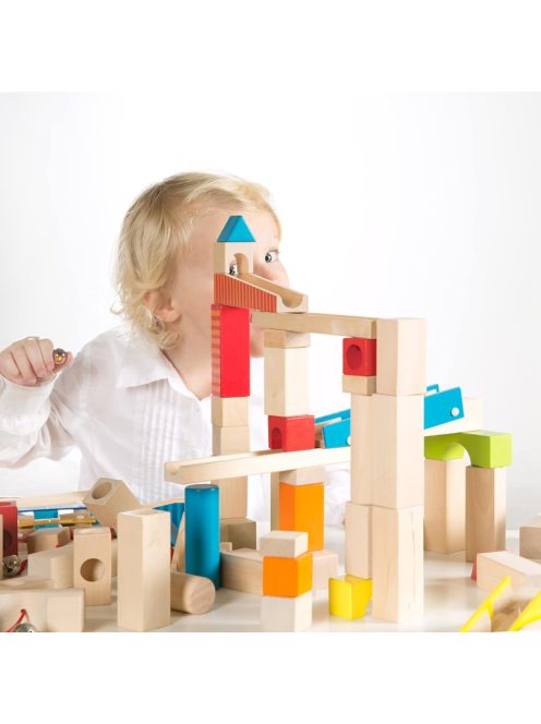 roba fa golyós pálya üveggolyókkal, Wooden Marble Run, Nagy 100 darabos fa kocka készlet