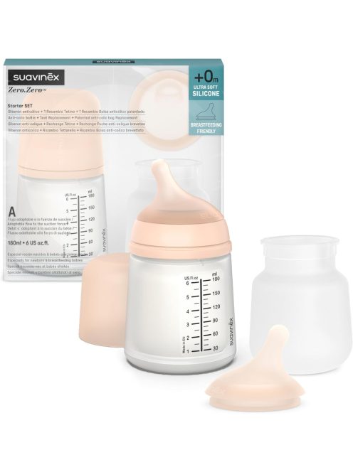 Suavinex, Anti Colic Zero Zero speciális szoptatós palackcsomag. 180 ml-es cumisüveg adaptálható folyású cumival + csere adaptálható folyású cumival csecsemőknek +0 hónap