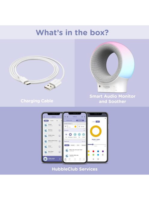 Hubble Eclipse gyerek- és babafigyelő, 7 színű éjszakai fény, hangszóró nyugtató zenével és alvósávokkal, babafehér zajos gép, alvástréner Wi-Fi csatlakozással