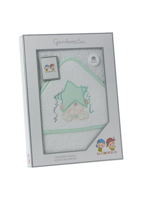 Gamberritos fürdőlepedő - kapucnis 100x100cm csillag és maci fehér/zöld 10686