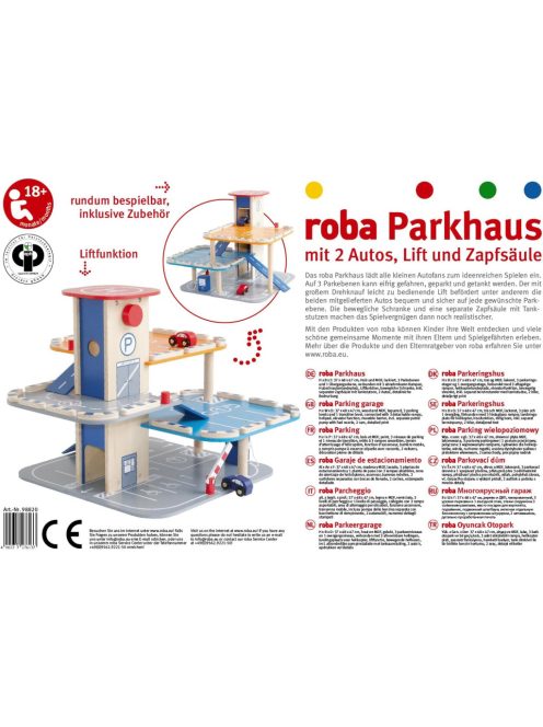 roba autógarázs és parkolóház fából - 3 szintes szerviz, üzemanyag-szivattyúval és lifttel + 2 fa autóval