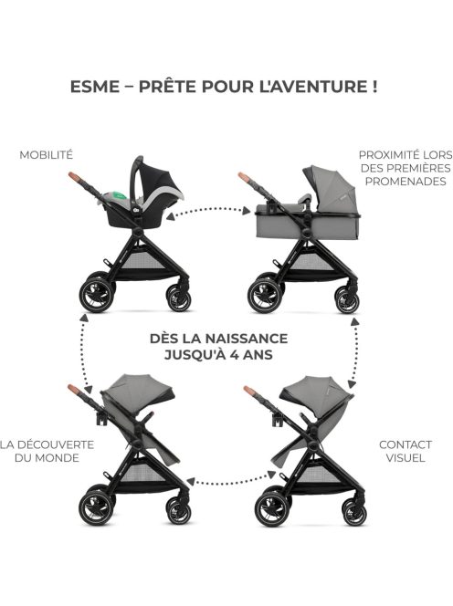 Kinderkraft ESME 3 az 1-ben autósülés Mink PRO I-Size babahordozóval, utazási rendszer, babakocsi, összecsukható babakocsi, újszülött 4 éves korig, szürke