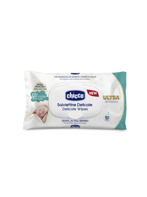 Ultra Soft & Pure törlőkendő 60 db illatmentes, 98% vízbázisú