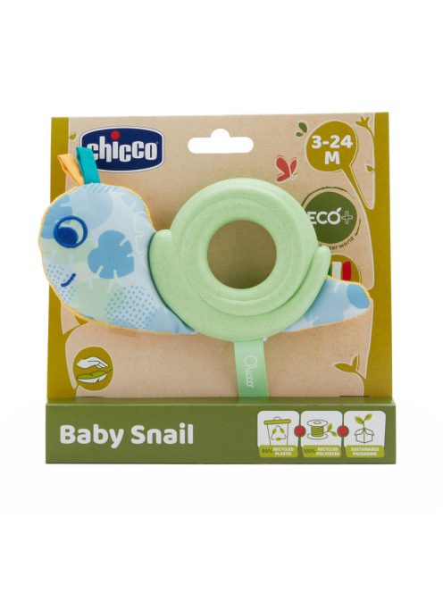 Baby Snail Eco+ bébicsiga rágókás textiljáték ökoanyagból