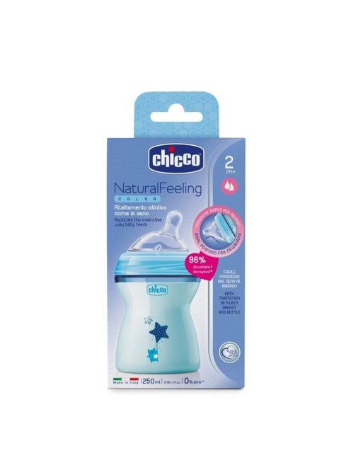 Chicco NaturalFeeling kék cumisüveg közepes folyású ferde cumival - 250 ml