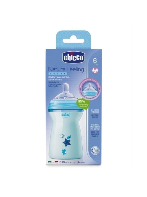 Chicco NaturalFeeling kék cumisüveg gyors folyású ferde cumival - 330 ml