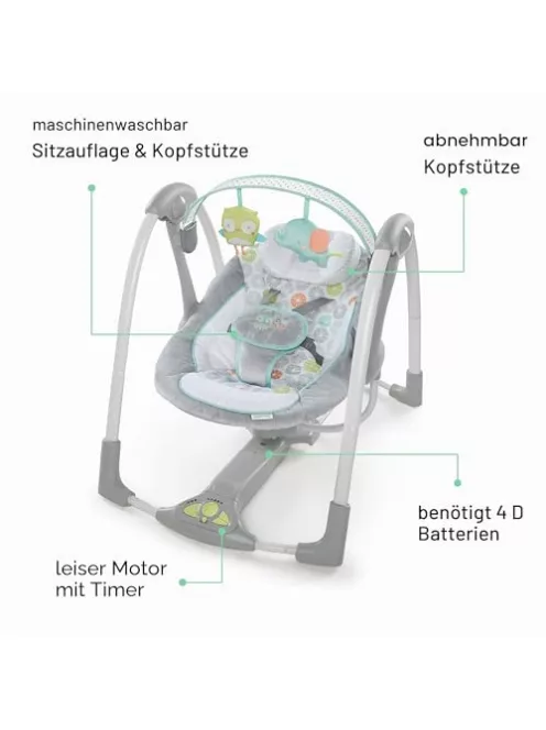 Ingenuity Hugs & Hoots bébihinta Swing and Go Portable Swing, összecsukható és hordozható bébihinta, 5 ringatási sebesség, születéstől 9 kg-ig OUTLET termék