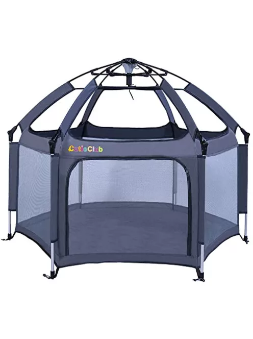 CutieClub nagyméretű, 6 paneles babajáróka  matraccal, nagy, 6 oldalas játszótérrel, UV tetővel és hordtáskával , kültéri használatra (szürke) OUTLET termék