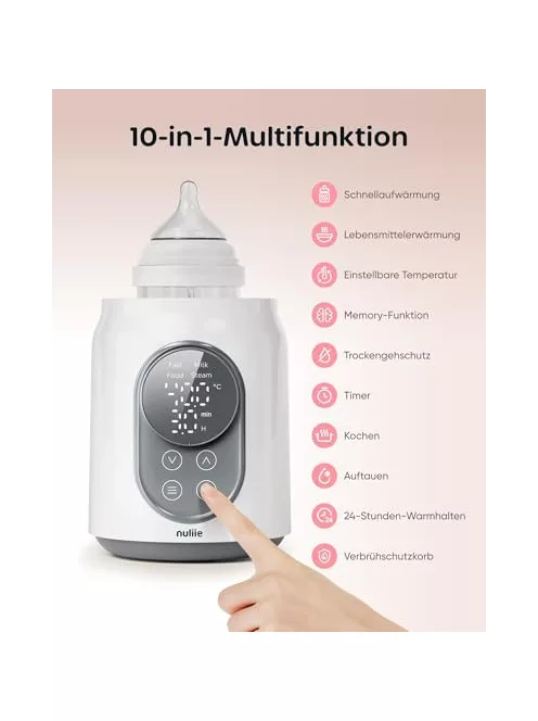 Nuliie 10-in-1 elektromos cumisüveg-melegítő babáknak, anyatejhez vagy tejporhoz, intelligens hőmérséklet-szabályozással és automatikus kikapcsolással, 220V OUTLET termék