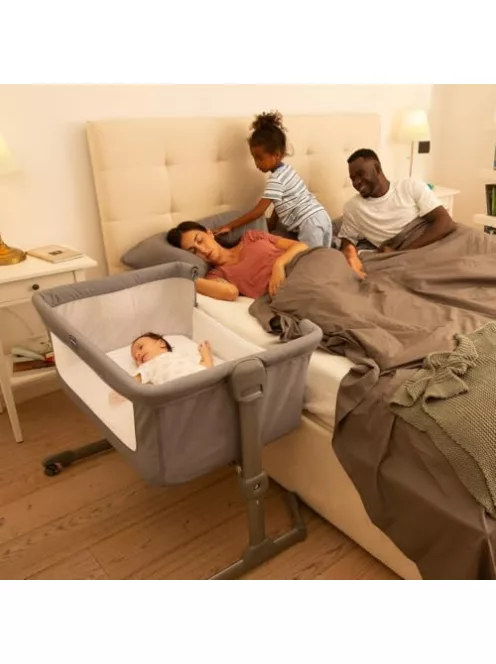 Chicco Next2Me Essential Babaöböl újszülötteknek, szülőágy mellé rögzíthető, állítható magasság, jó légáramlás, matraccal , táskával , 0-6 hónap, szürke OUTLET termék