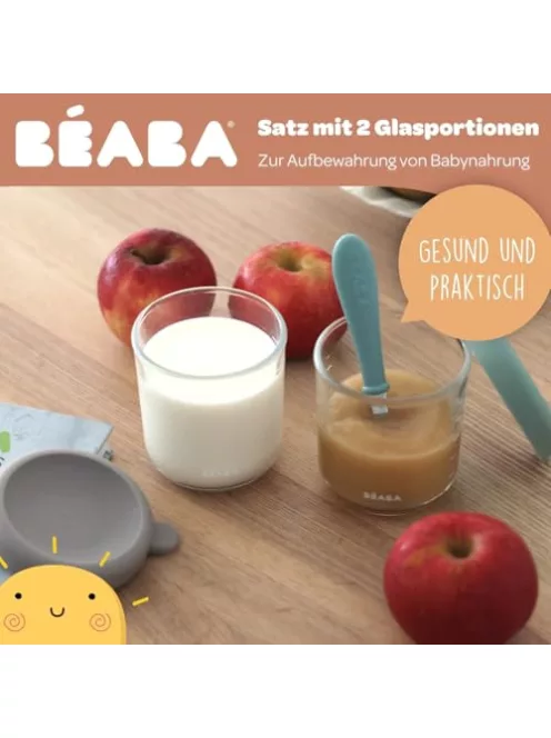 BÉABA 2 darabos üvegtároló szett bébiételhez – extra ellenálló üveg, 100% szivárgásmentes, hőálló, fagyasztható, sterilizálható, skálával, 250 ml, zsályazöld/gazella OUTLET termék