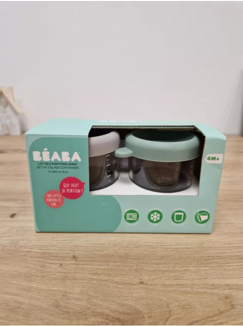 BÉABA 2 darabos üvegtároló szett bébiételhez – extra ellenálló üveg, 100% szivárgásmentes, hőálló, fagyasztható, sterilizálható, skálával, 250 ml, zsályazöld/gazella OUTLET termék