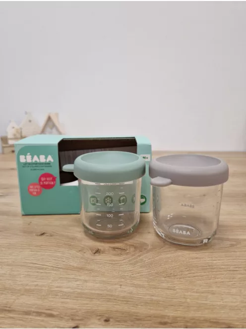 BÉABA 2 darabos üvegtároló szett bébiételhez – extra ellenálló üveg, 100% szivárgásmentes, hőálló, fagyasztható, sterilizálható, skálával, 250 ml, zsályazöld/gazella OUTLET termék