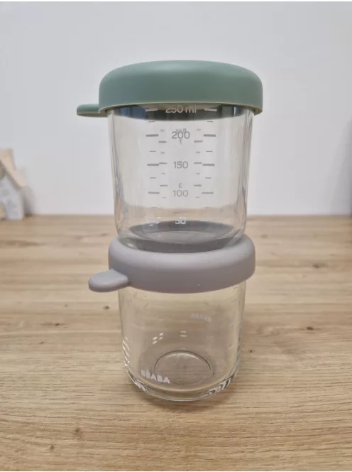 BÉABA 2 darabos üvegtároló szett bébiételhez – extra ellenálló üveg, 100% szivárgásmentes, hőálló, fagyasztható, sterilizálható, skálával, 250 ml, zsályazöld/gazella OUTLET termék