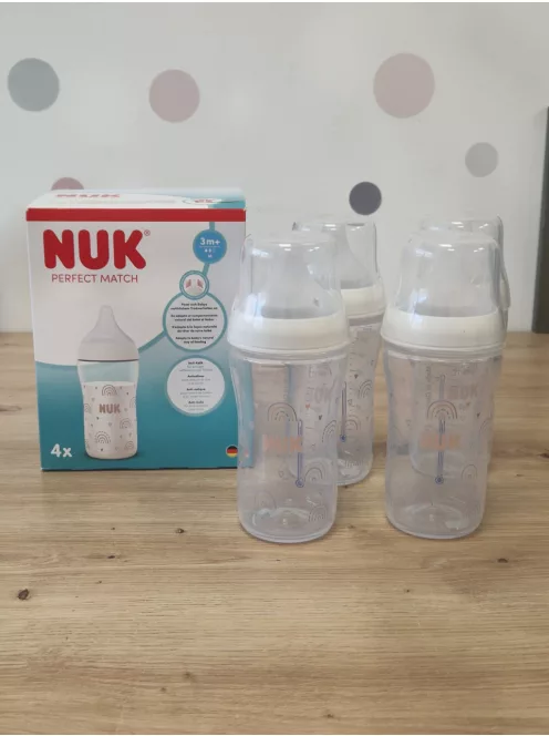 NUK Perfect Match cumisüveg  3+ hó, 260 ml hőérzékelős,szivárvány, 4 darabos szett OUTLET termék