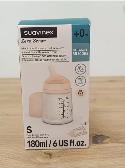 Suavinex Zero Zero anti-kolik cumisüveg lassú folyású szilikon etetőcumival (S), 0 hónapos kortól, újszülötteknek, 180 ml OUTLET termék