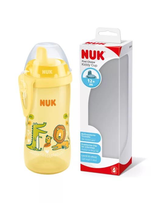NUK Kiddy Cup kisgyermek itatópohár, 12+ hó, 300 ml, Kifolyásgátló, megerősített ivószelep, Csipesz és védőkupak, Sárga OUTLET termék