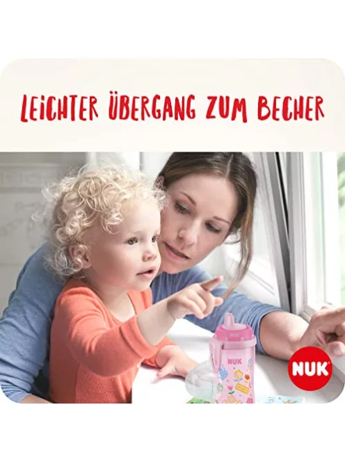 NUK Kiddy Cup kisgyermek itatópohár, 12+ hó, 300 ml, Kifolyásgátló, megerősített ivószelep, Csipesz és védőkupak, Sárga OUTLET termék