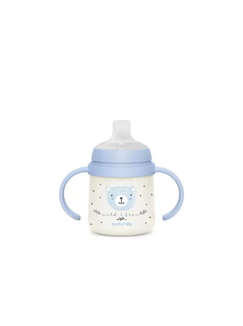 Suavinex itatópohár világító effekttel, csőrös pohár babáknak AntiColic szeleppel, 150 ml, +6 hó, kék OUTLET termék