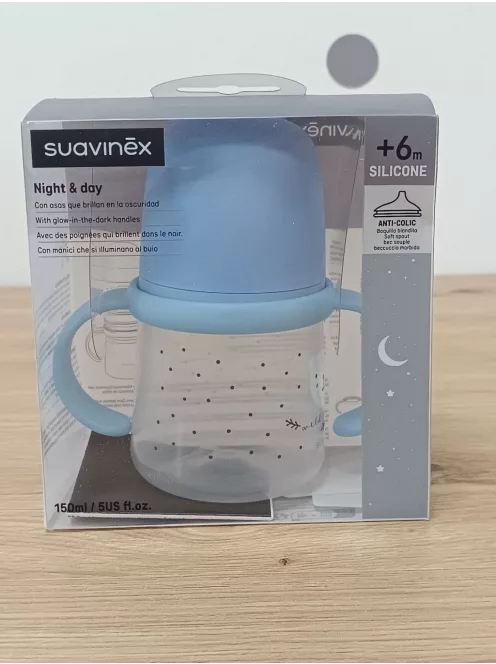Suavinex itatópohár világító effekttel, csőrös pohár babáknak AntiColic szeleppel, 150 ml, +6 hó, kék OUTLET termék