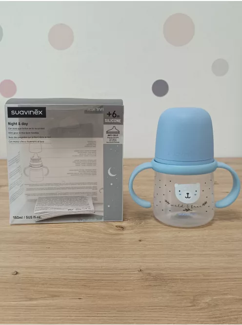 Suavinex itatópohár világító effekttel, csőrös pohár babáknak AntiColic szeleppel, 150 ml, +6 hó, kék OUTLET termék