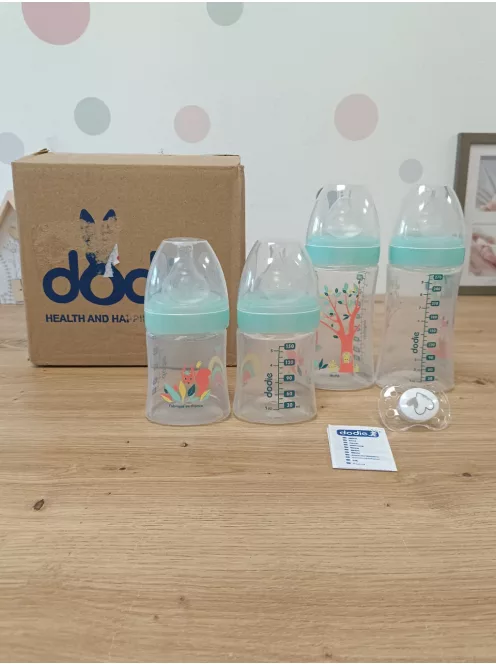 DODIE 4 db cumisüveg újszülötteknek, kerek anti-kólikás etetőcumival (2 x 150 ml és 2 x 270 ml) + 1 cumi újszülötteknek OUTLET termék