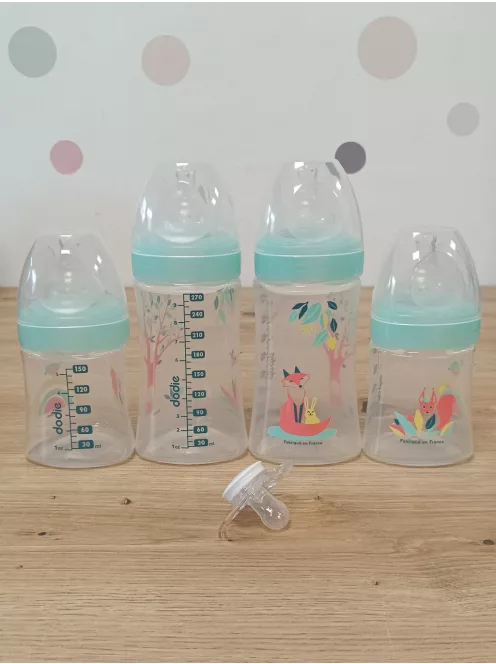 DODIE 4 db cumisüveg újszülötteknek, kerek anti-kólikás etetőcumival (2 x 150 ml és 2 x 270 ml) + 1 cumi újszülötteknek OUTLET termék