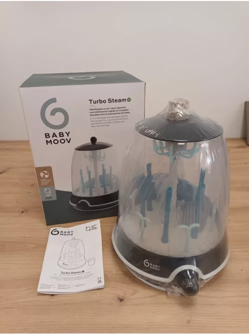 Babymoov 2-in-1 gőzsterilizáló cumisüvegekhez Turbo Plus - 99%-ban eltávolítja a baktériumokat, csepegtető állvánnyal, 6 üveghez, 6 perces gyorssterilizálás OUTLET termék