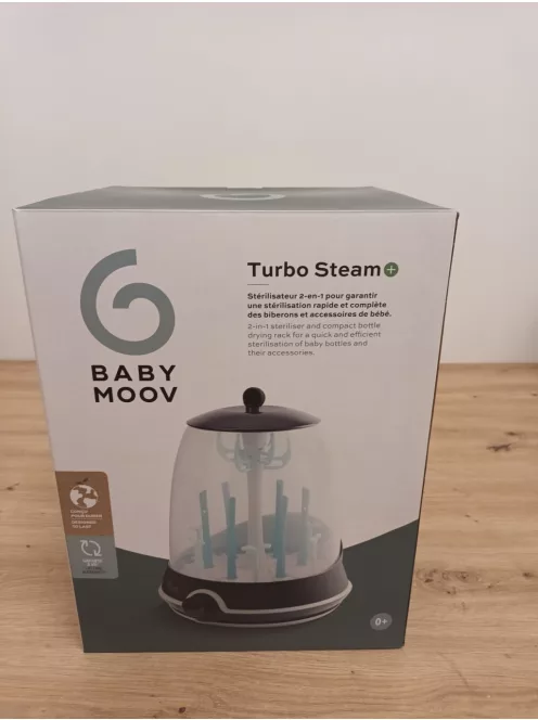Babymoov 2-in-1 gőzsterilizáló cumisüvegekhez Turbo Plus - 99%-ban eltávolítja a baktériumokat, csepegtető állvánnyal, 6 üveghez, 6 perces gyorssterilizálás OUTLET termék