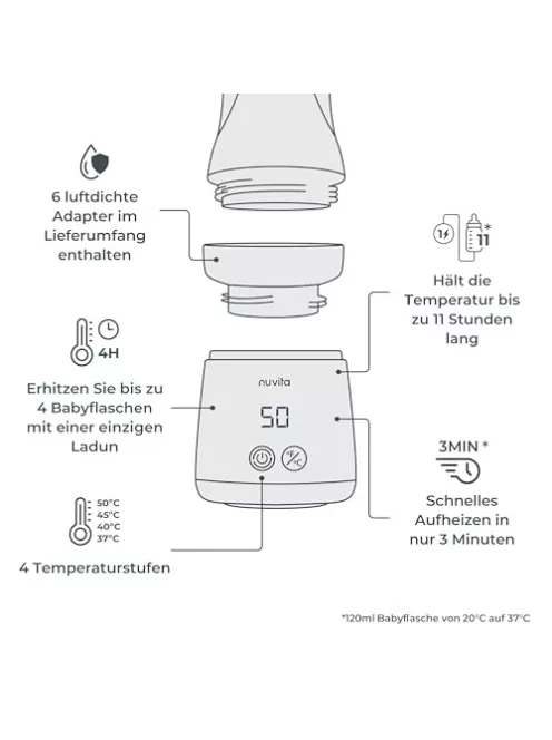 Nuvita hordozható, akkumulátoros cumisüveg-melegítő keverőfunkcióval 4 hőmérséklet-beállítás,6 adapterrel OUTLET termék