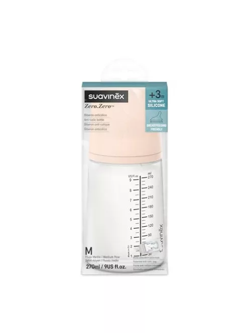 Suavinex Zero Zero anti-kolik cumisüveg, szilikon etetőcumival (M), 3 hónapos kortól, 270 ml OUTLET termék