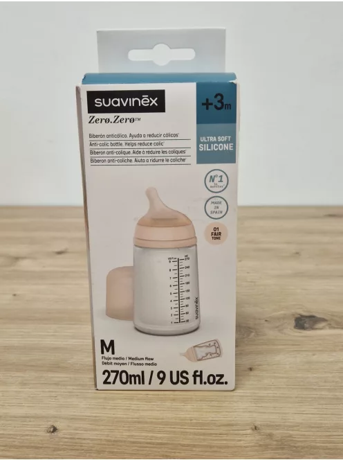 Suavinex Zero Zero anti-kolik cumisüveg, szilikon etetőcumival (M), 3 hónapos kortól, 270 ml OUTLET termék