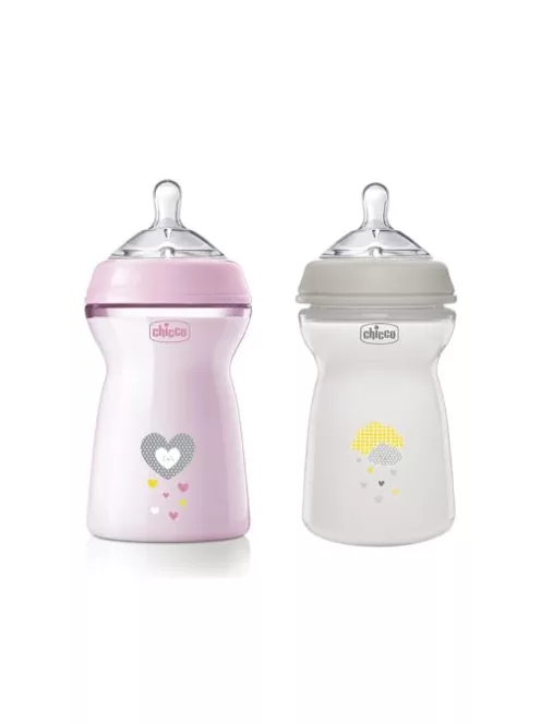 Chicco Natural Feeling anti-kólikás cumisüveg 6+ hó, 2 db, 330 ml, rózsaszín és szürke OUTLET termék