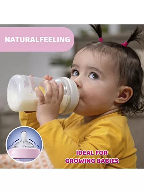 Chicco Natural Feeling anti-kólikás cumisüveg 6+ hó, 2 db, 330 ml, rózsaszín és szürke OUTLET termék