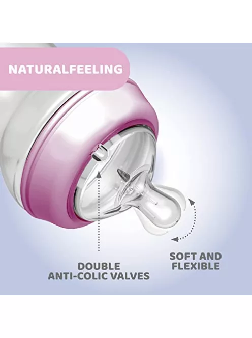 Chicco Natural Feeling anti-kólikás cumisüveg 6+ hó, 2 db, 330 ml, rózsaszín és szürke OUTLET termék